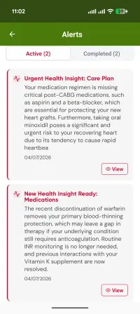 Alerts screen showing an urgent care-plan insight about missing post-CABG medications and an insight about discontinued warfarin