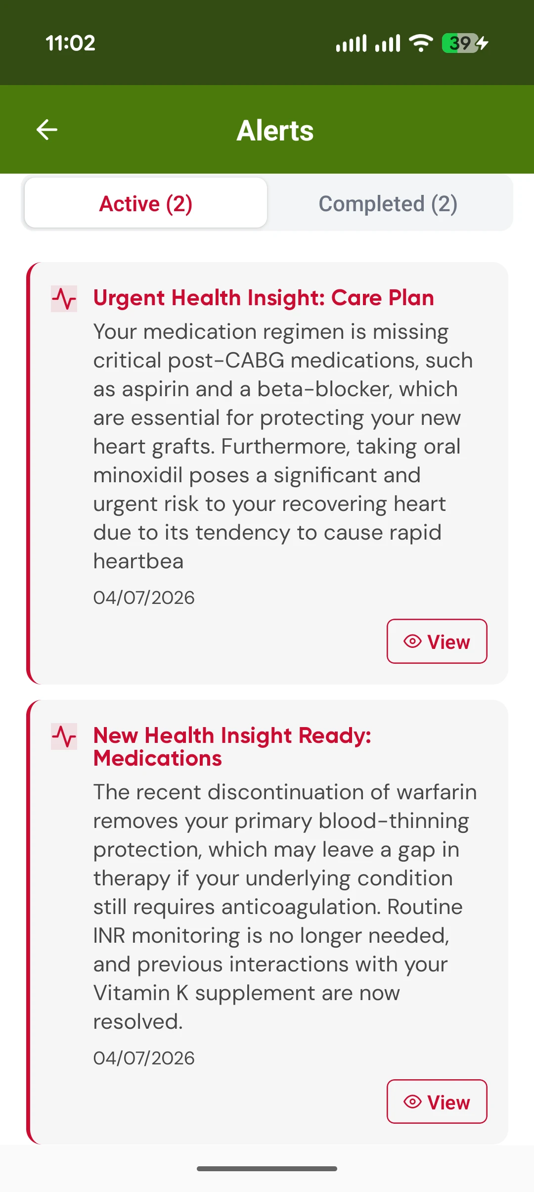 Alerts screen showing an urgent care-plan insight about missing post-CABG medications and an insight about discontinued warfarin