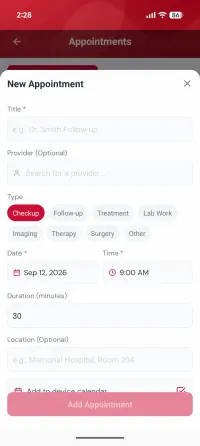 New appointment form with title, optional provider search, type chips such as checkup and lab work, date, time, duration and an add-to-calendar toggle