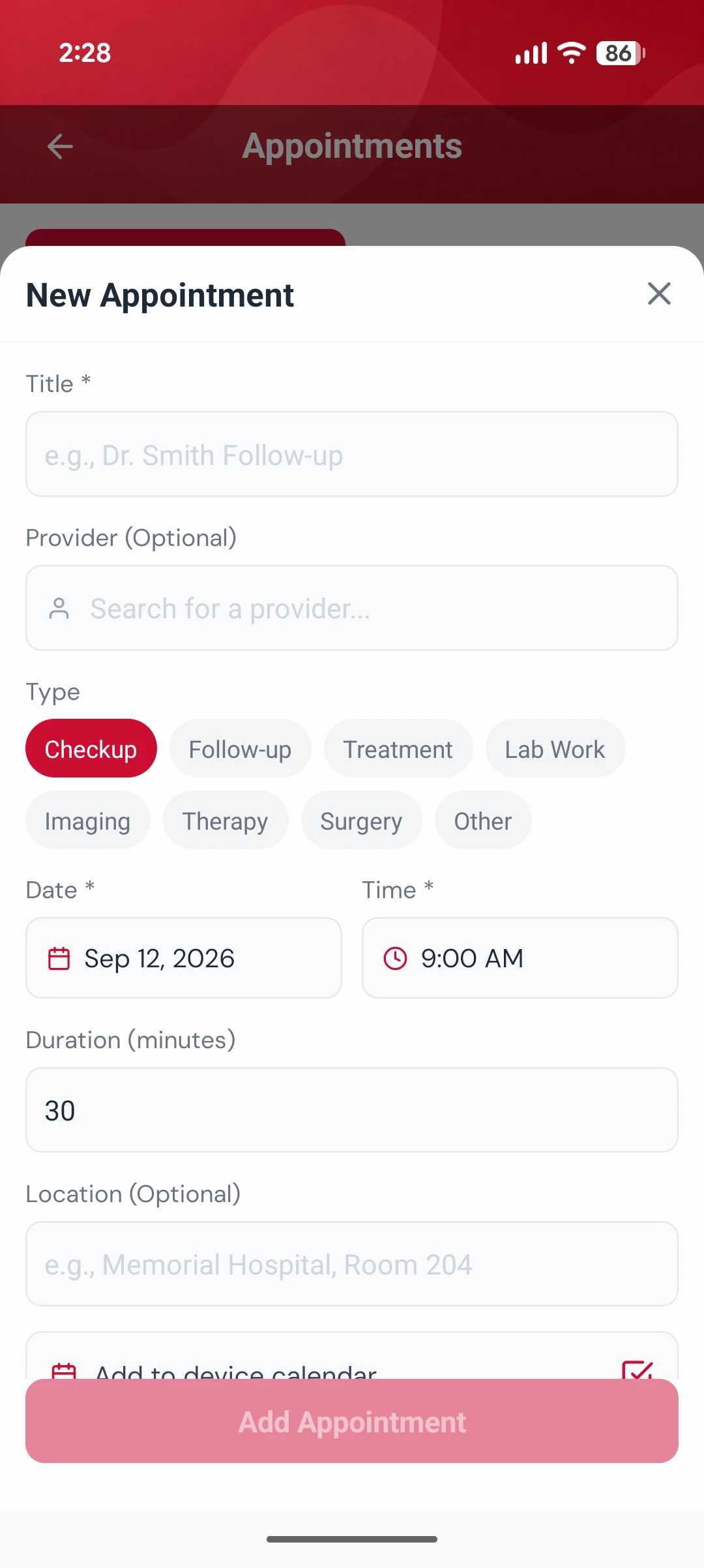 New appointment form with title, optional provider search, type chips such as checkup and lab work, date, time, duration and an add-to-calendar toggle