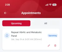 Appointments list showing an upcoming repeat HbA1c and metabolic panel booked for Saturday at 9:00 AM