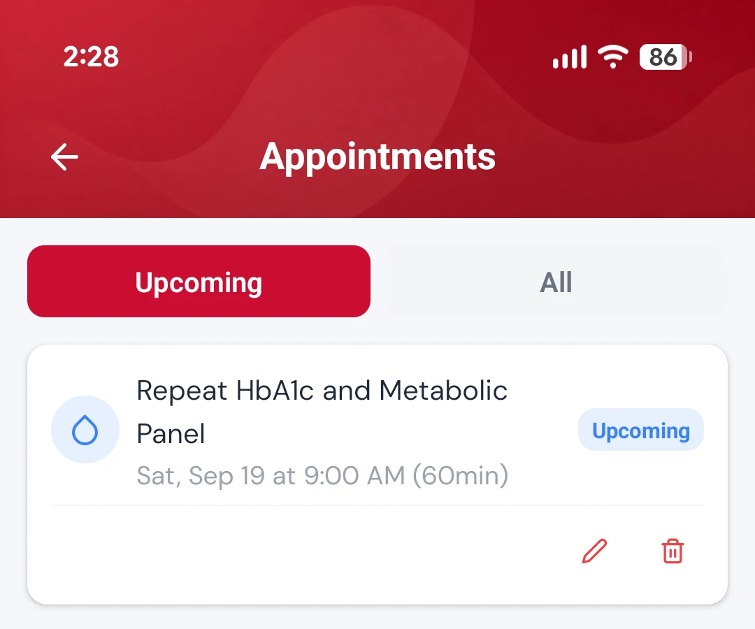 Appointments list showing an upcoming repeat HbA1c and metabolic panel booked for Saturday at 9:00 AM