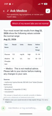 Ask Medico answering which recent labs are not normal with a table of glucose and alkaline phosphatase against their reference ranges, the medications it drew on, and a note that this is not medical advice