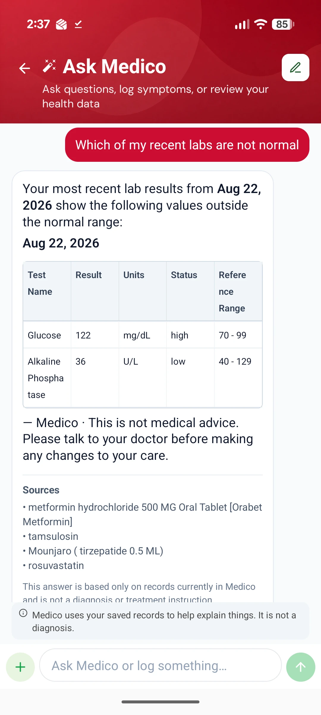 Ask Medico answering which recent labs are not normal with a table of glucose and alkaline phosphatase against their reference ranges, the medications it drew on, and a note that this is not medical advice