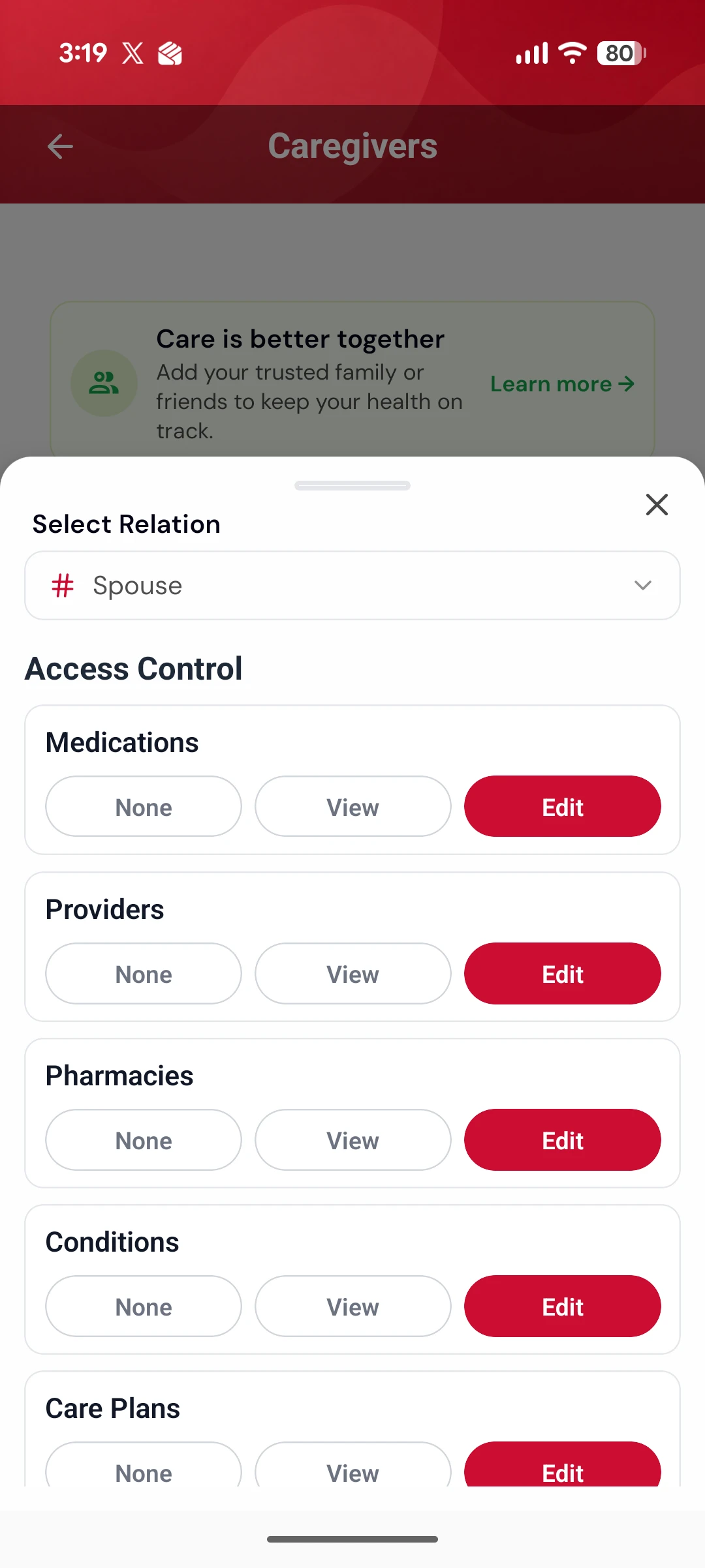 Granting a caregiver access: a relation of spouse, then per-category control over medications, providers, pharmacies, conditions and care plans, each set to none, view or edit