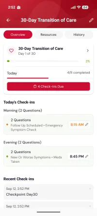 A 30-Day Transition of Care plan on day 1, showing 3% progress, four check-ins due today, and the morning and evening questions scheduled