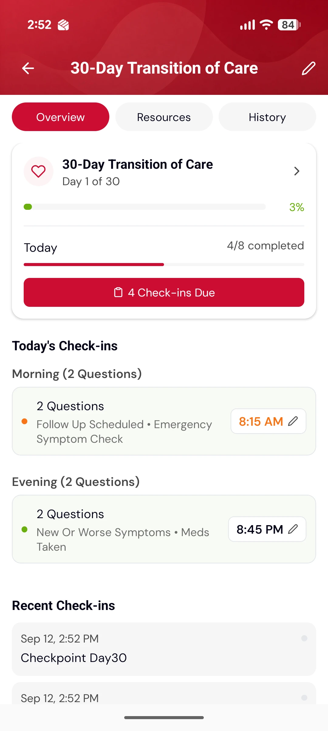 A 30-Day Transition of Care plan on day 1, showing 3% progress, four check-ins due today, and the morning and evening questions scheduled