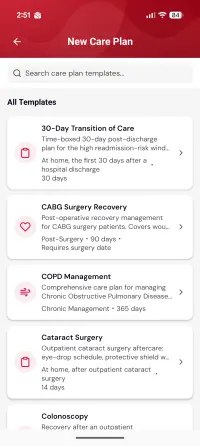 The care plan template picker, searchable, listing 30-Day Transition of Care, CABG Surgery Recovery, COPD Management, Cataract Surgery and Colonoscopy with their durations