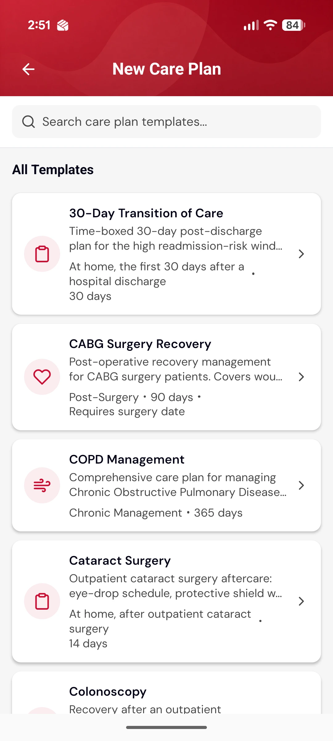 The care plan template picker, searchable, listing 30-Day Transition of Care, CABG Surgery Recovery, COPD Management, Cataract Surgery and Colonoscopy with their durations