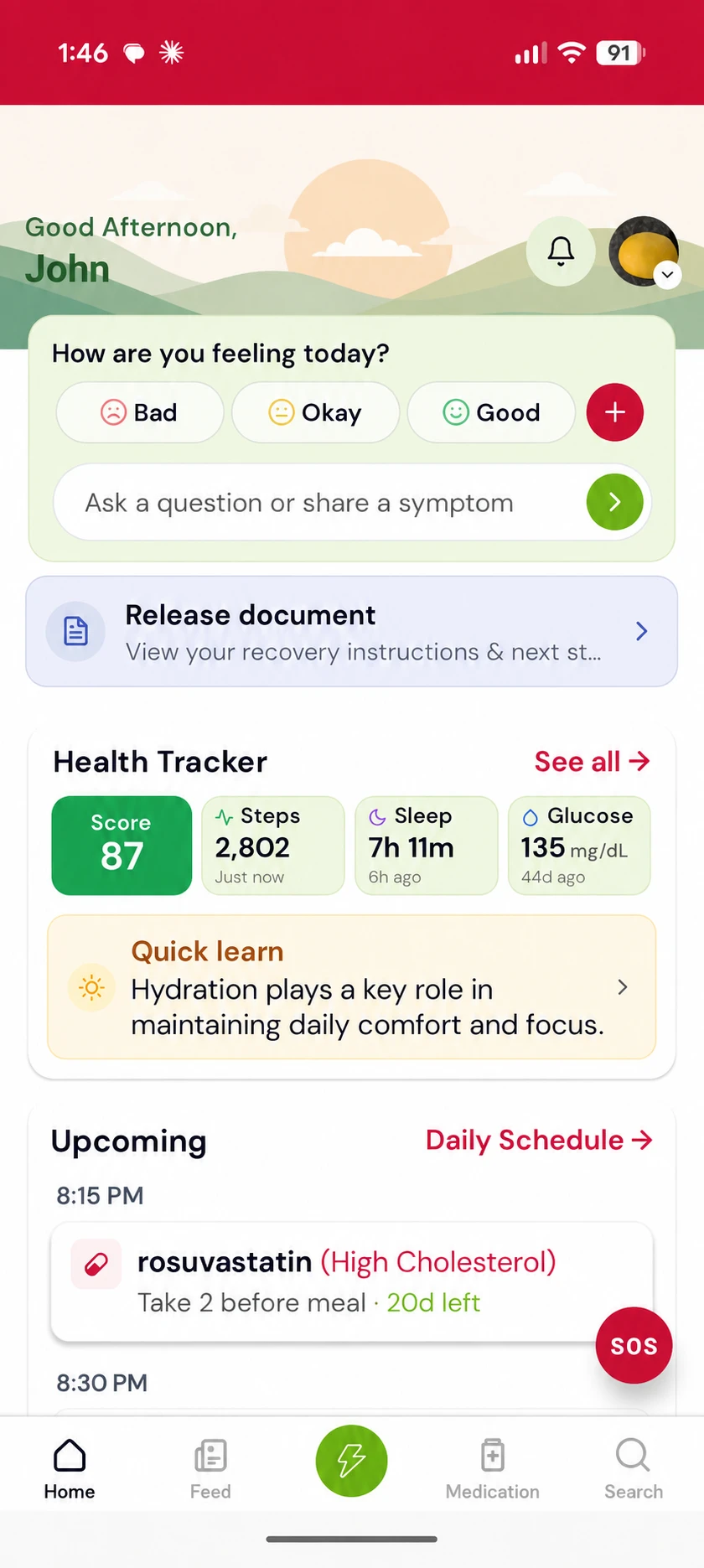 The Medico home screen: a daily check-in, a health score of 87 with step, sleep and glucose readings, and the next medication due at 8:15 PM