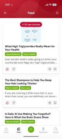The feed showing articles tagged by condition, such as a piece on high triglycerides tagged Hyperlipidemia and Heart Health, each with like, share and save controls