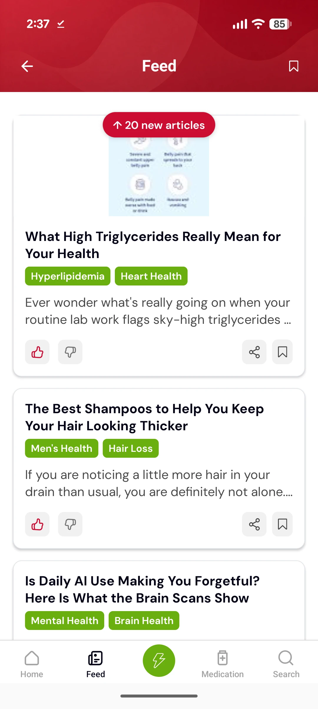 The feed showing articles tagged by condition, such as a piece on high triglycerides tagged Hyperlipidemia and Heart Health, each with like, share and save controls