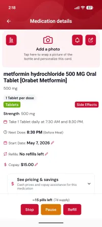 Medication details for metformin 500 mg: dose schedule, next dose, refills, copay, pills remaining and a pricing and savings panel