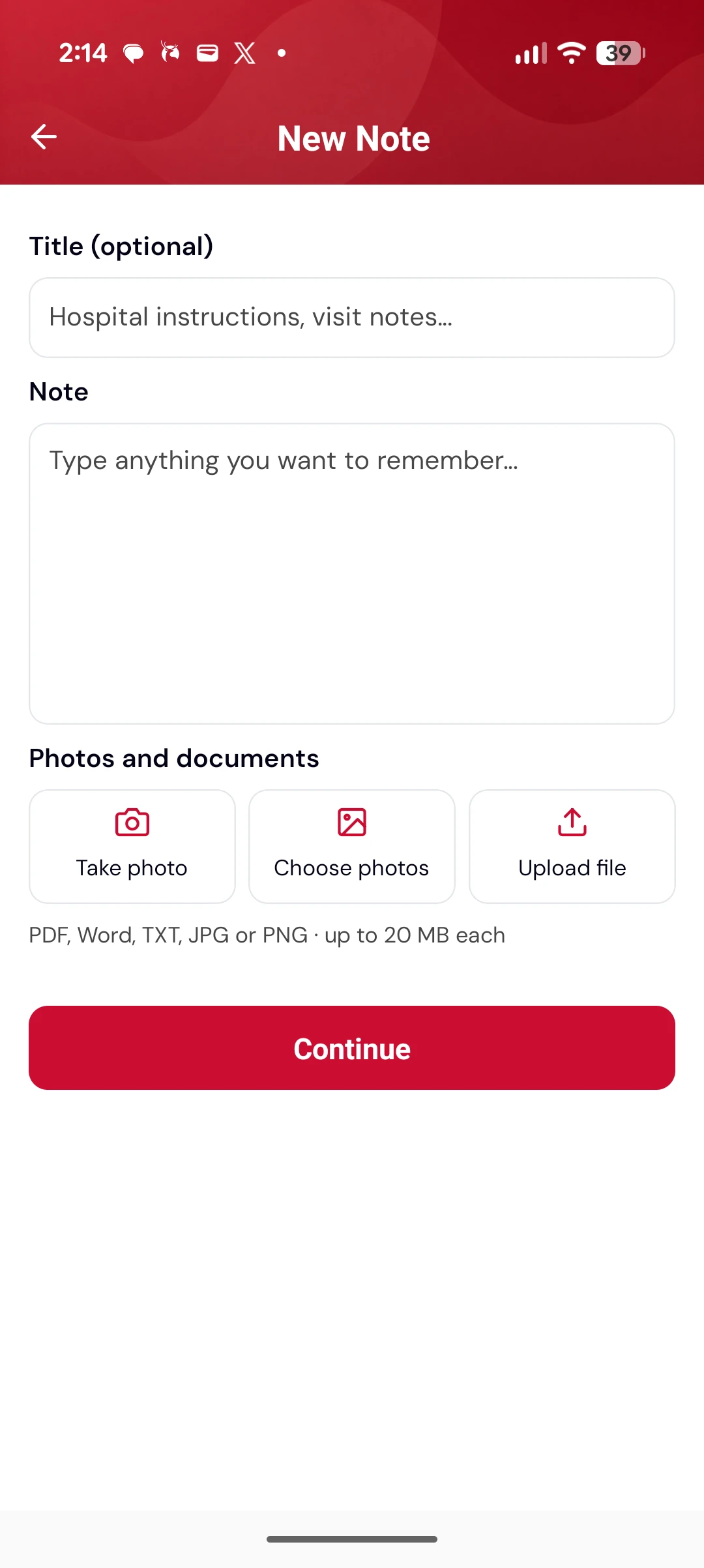 A new note screen with an optional title, a free-text note field, and buttons to take a photo, choose photos, or upload a file
