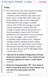A colonoscopy prep plan counting down to the procedure date, with the date editable, and today's steps timed: magnesium citrate at noon, the first Clenpiq bottle at 6 PM