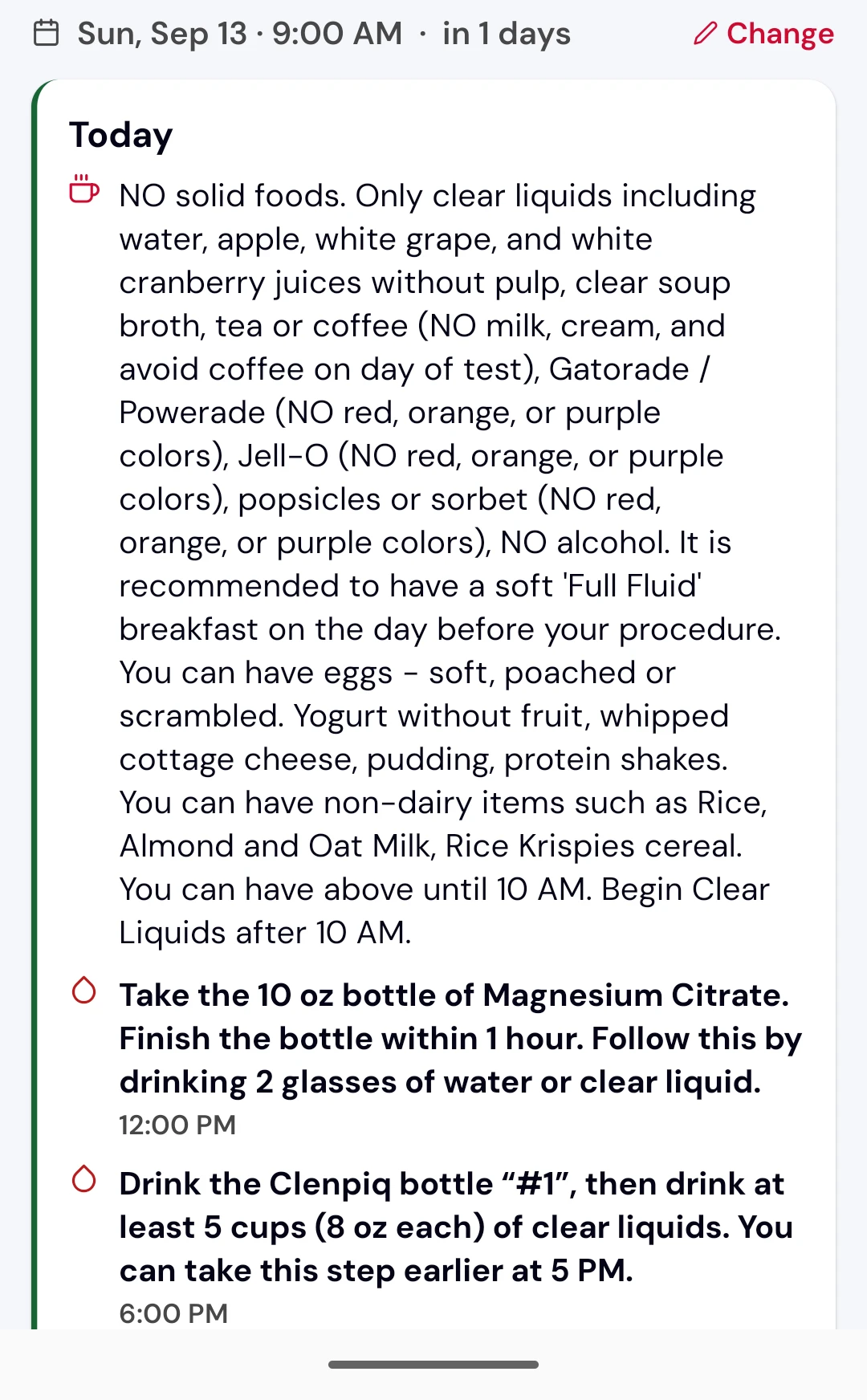 A colonoscopy prep plan counting down to the procedure date, with the date editable, and today's steps timed: magnesium citrate at noon, the first Clenpiq bottle at 6 PM