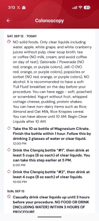 The same prep laid out by day, today's steps followed by the next day's instruction to stop all liquids three hours before the procedure