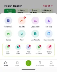 The quick actions sheet: care plans, insights, dependents, self care, games, refill, lab reports and appointments, with shortcuts to add medications, labs, a release document, a condition, or a recording