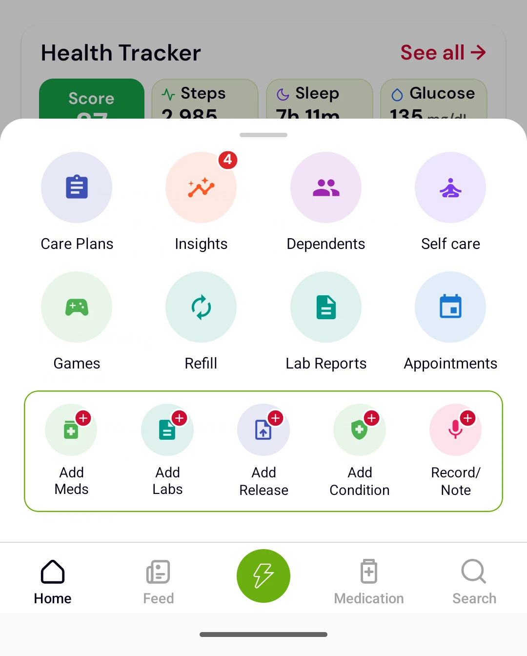 The quick actions sheet: care plans, insights, dependents, self care, games, refill, lab reports and appointments, with shortcuts to add medications, labs, a release document, a condition, or a recording