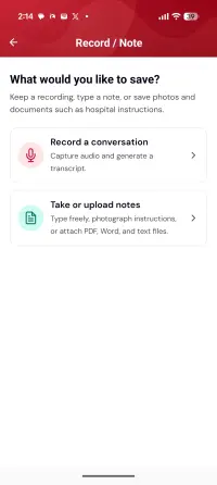 A screen asking what you would like to save, offering to record a conversation or to take and upload notes