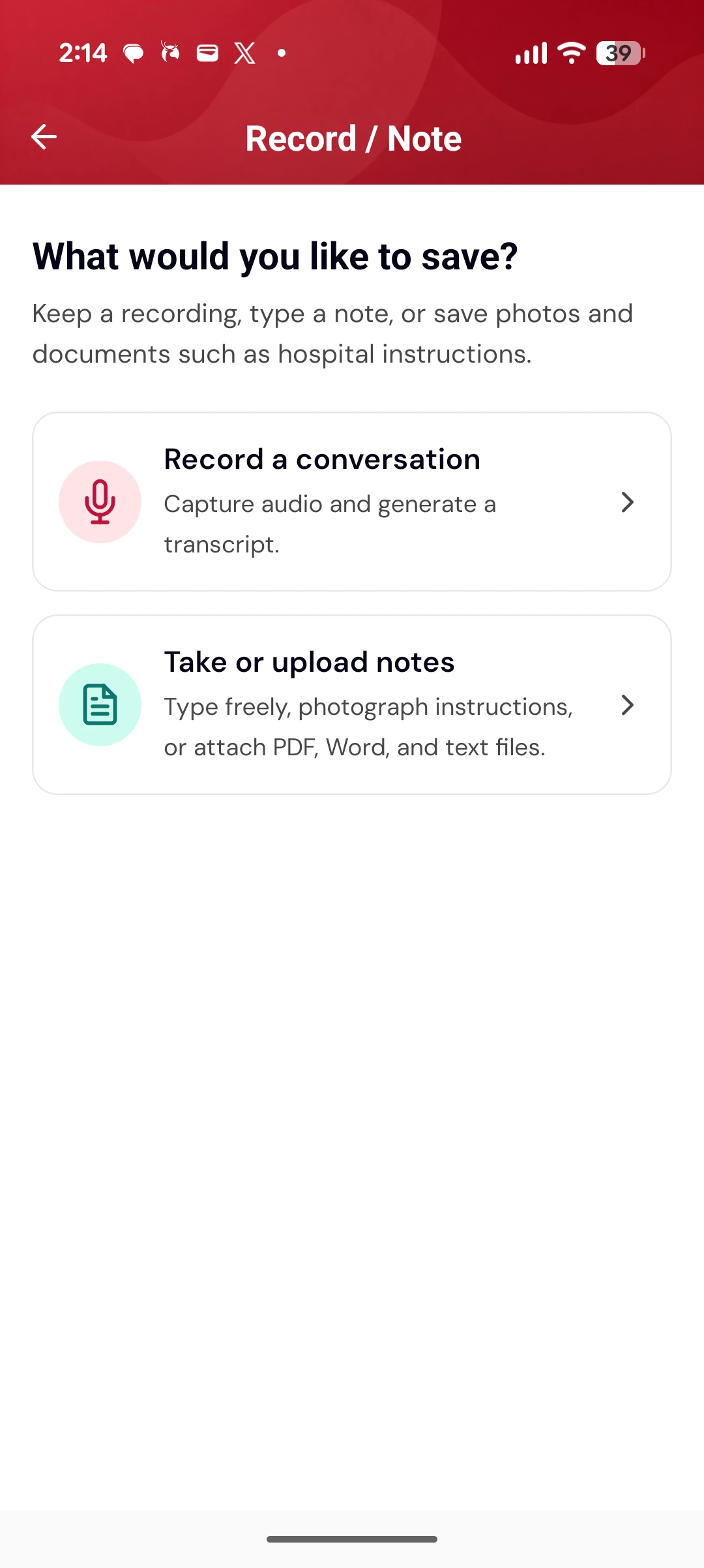 A screen asking what you would like to save, offering to record a conversation or to take and upload notes