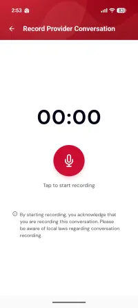 The recording screen with a timer at 00:00, a large microphone button reading tap to start recording, and a note that starting means you acknowledge you are recording and should be aware of local law
