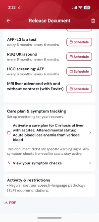Follow-up tests extracted from the document, each with a Schedule button, above a care plan to activate and a note that the document listed no specific warning signs