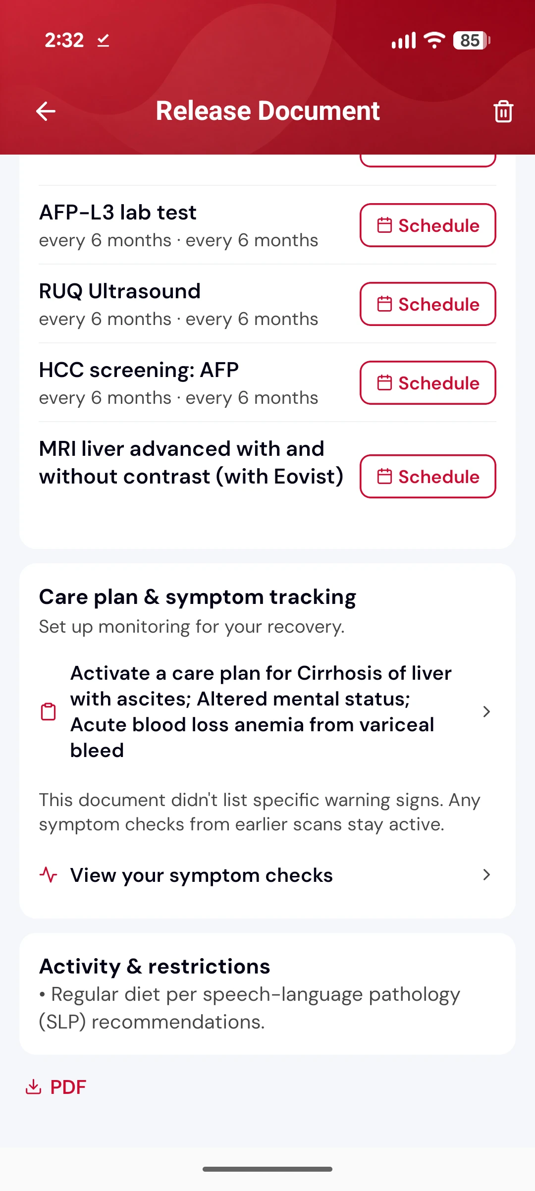 Follow-up tests extracted from the document, each with a Schedule button, above a care plan to activate and a note that the document listed no specific warning signs