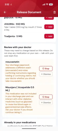 A review with your doctor section flagging rosuvastatin against a conflicting statin instruction, and Mounjaro as absent from the discharge plan and able to interact with glipizide