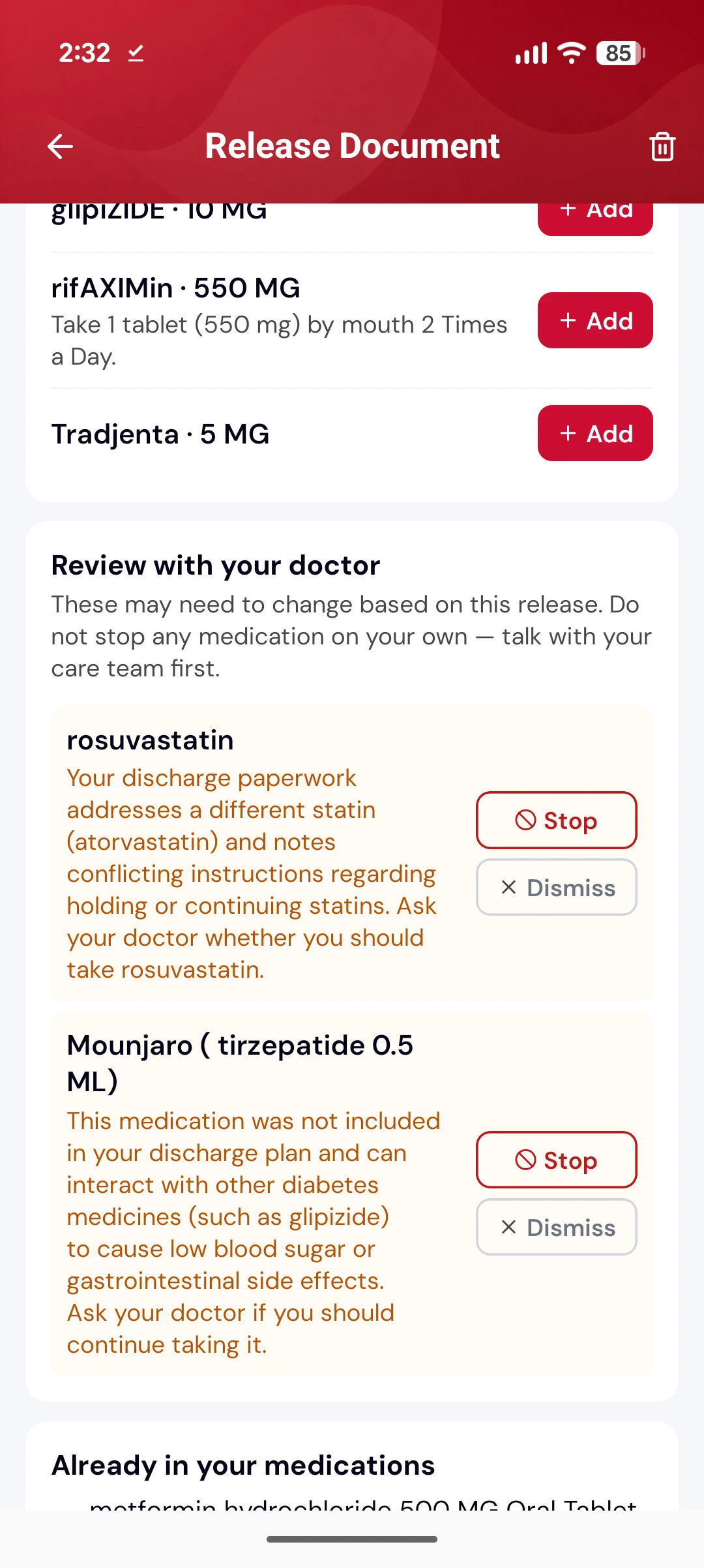 A review with your doctor section flagging rosuvastatin against a conflicting statin instruction, and Mounjaro as absent from the discharge plan and able to interact with glipizide