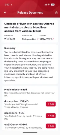 A processed release document: the diagnosis, upload and expiry dates, a plain-language summary of the hospital stay, and new medications to add with one-tap Add buttons