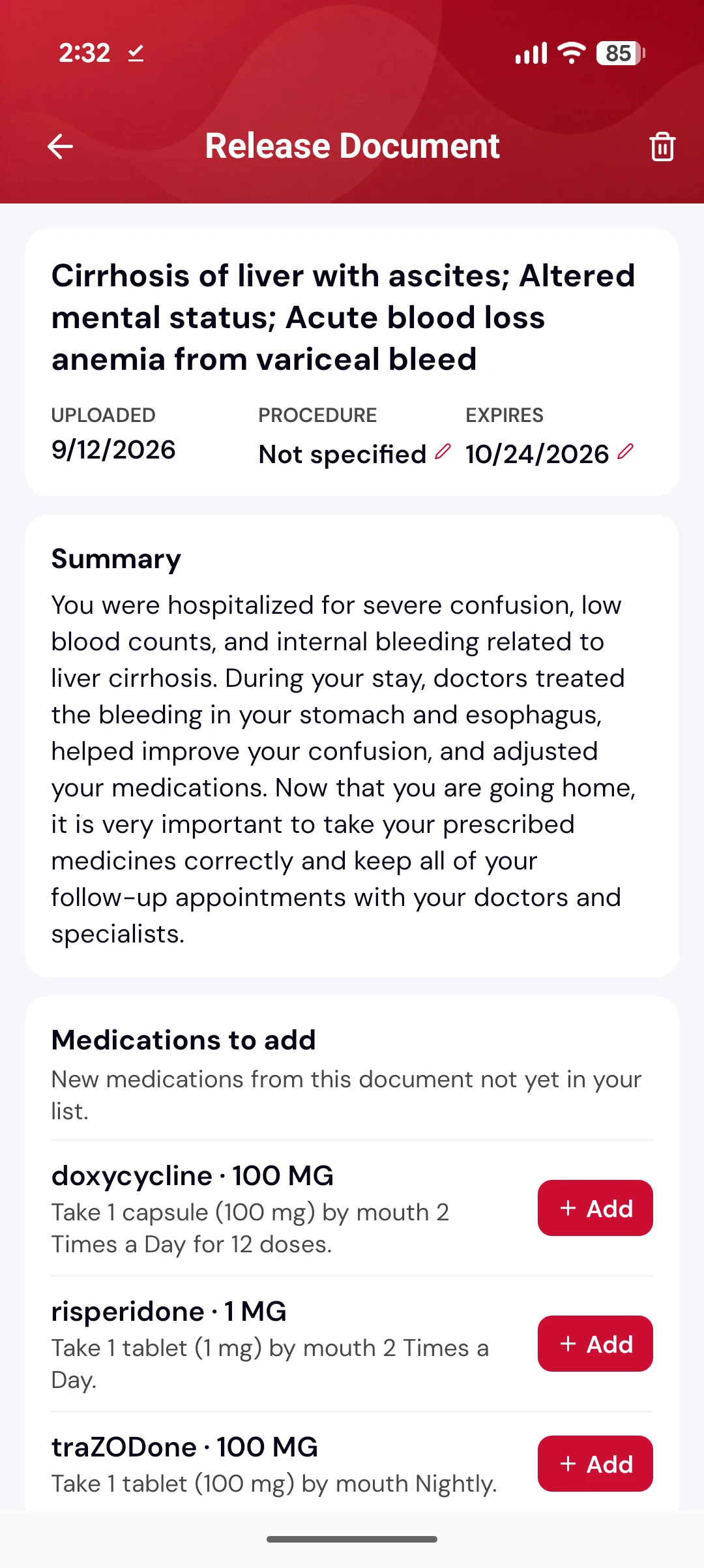 A processed release document: the diagnosis, upload and expiry dates, a plain-language summary of the hospital stay, and new medications to add with one-tap Add buttons