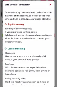 A side effects panel for tamsulosin, split into Top Concerning such as fainting and Less Concerning such as headache, each with what to do