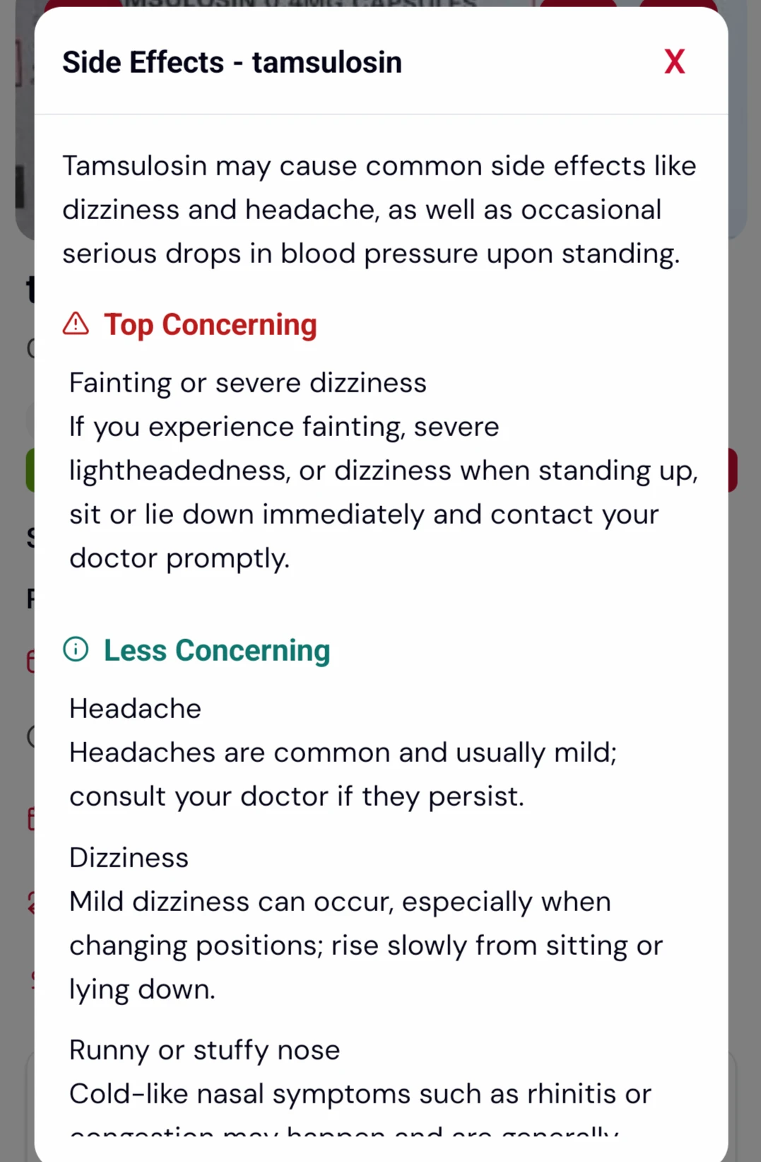 A side effects panel for tamsulosin, split into Top Concerning such as fainting and Less Concerning such as headache, each with what to do