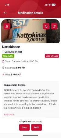 Supplement details for Nattokinase with a photo of the bottle, its dose schedule and an explanation of what the enzyme does