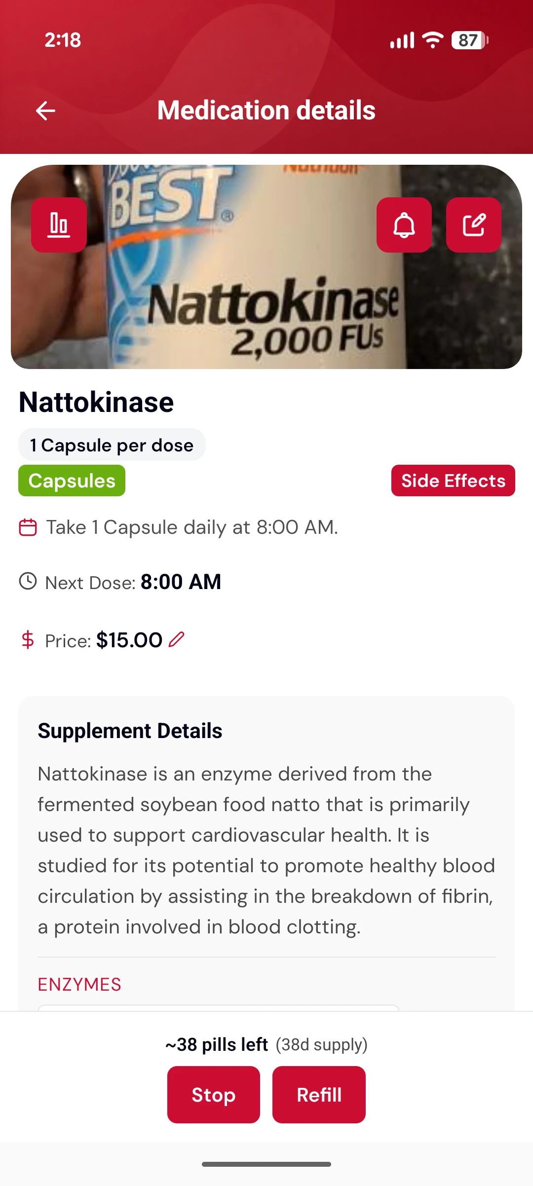 Supplement details for Nattokinase with a photo of the bottle, its dose schedule and an explanation of what the enzyme does
