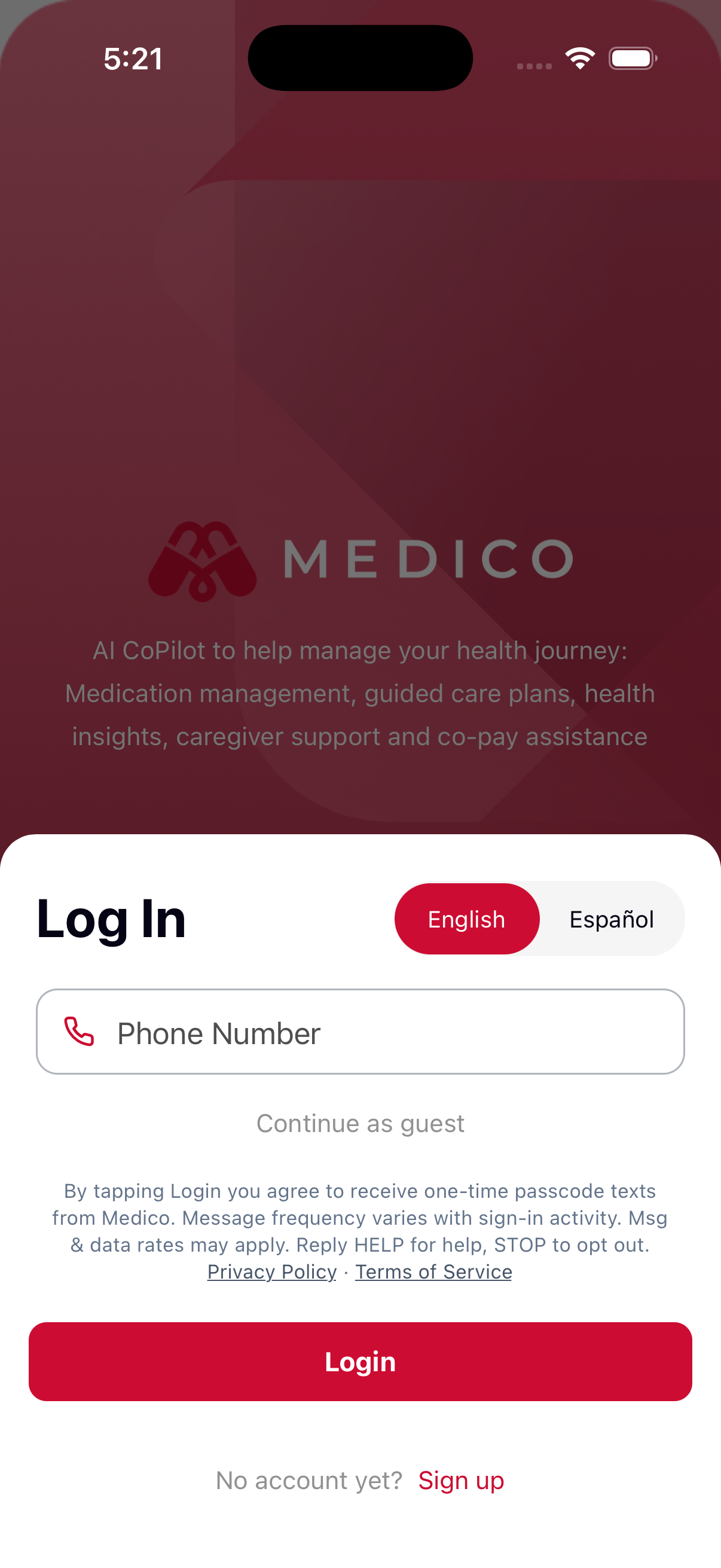 Medico mobile app — Login screen showing the SMS consent disclosure directly above the red Login button